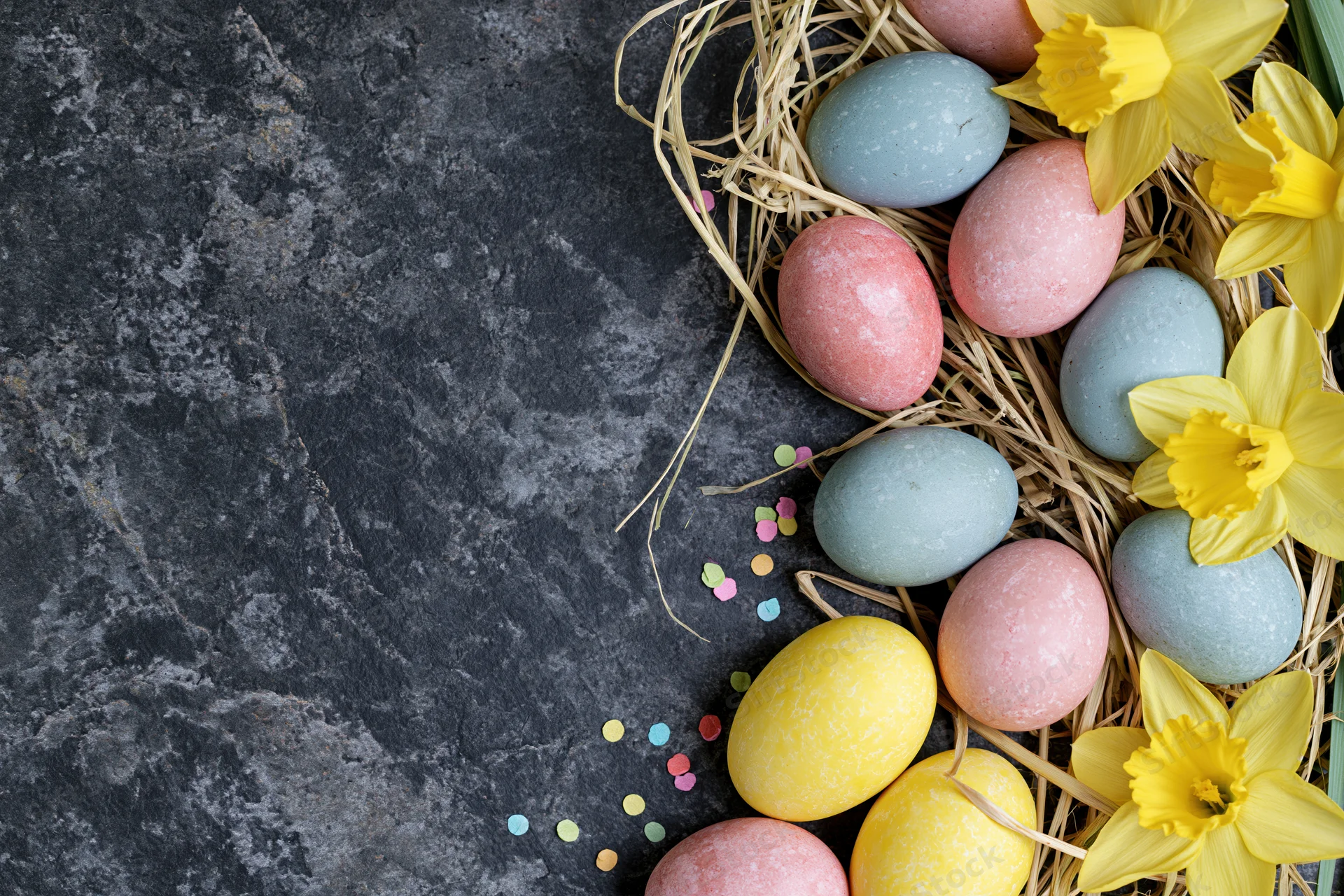Easter eggs in pastel and jewel tones arranged with daffodils in a straw nest on dark stone surface