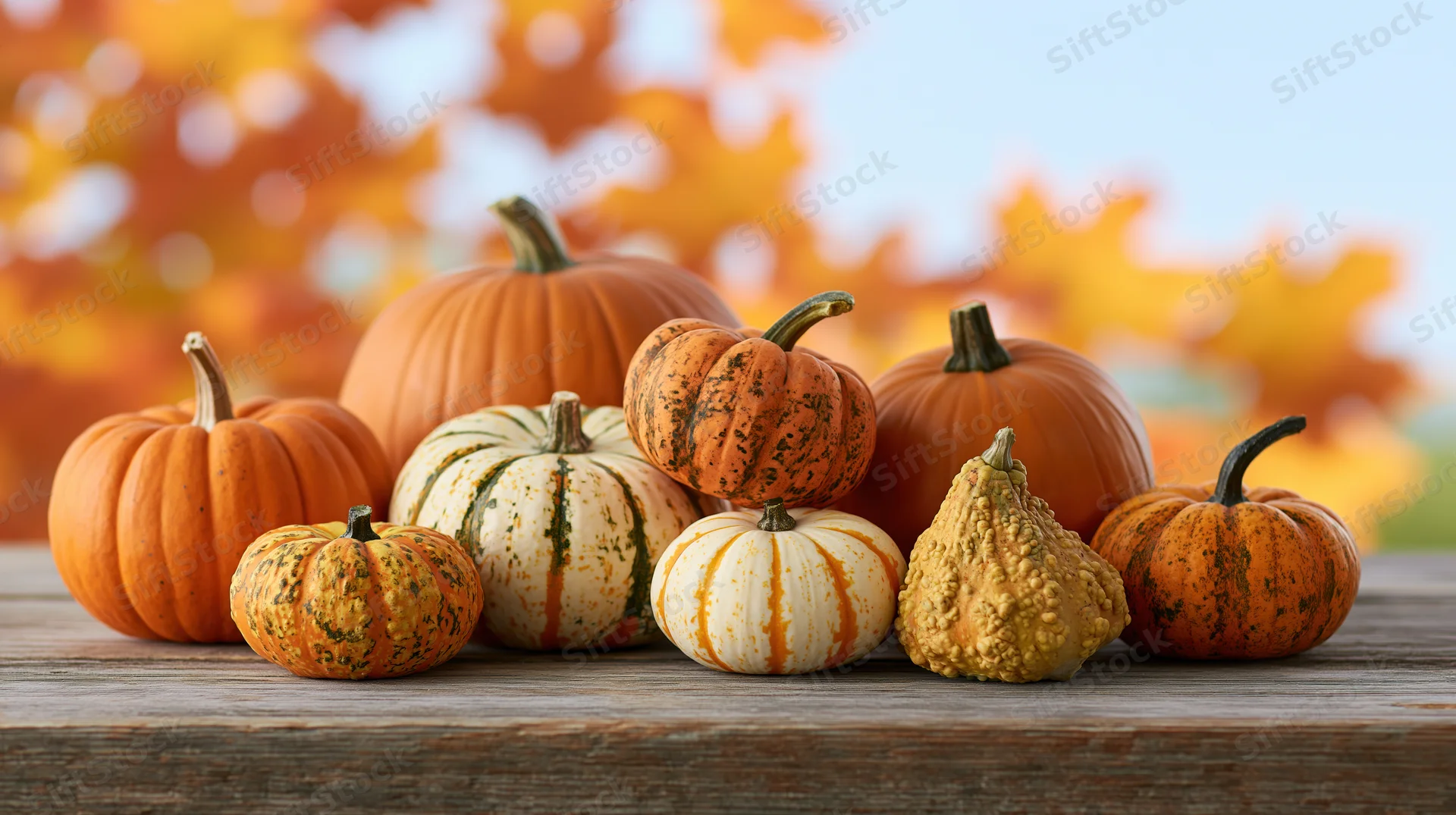 Assorted pumpkins and gourds arranged on a weathered wooden table with autumn foliage in the background