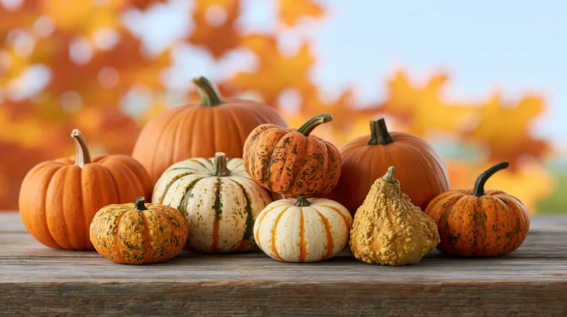 Assorted pumpkins and gourds arranged on a weathered wooden table with autumn foliage in the background