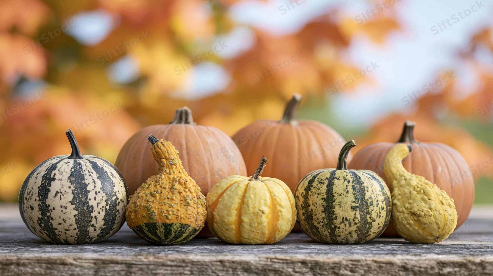 Assorted pumpkins and gourds arranged on a weathered wooden table with autumn foliage in the background