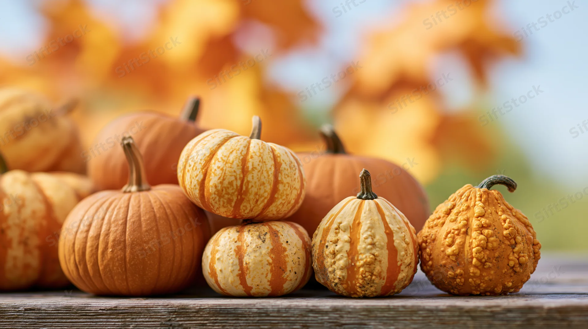 Assorted pumpkins and gourds arranged on a weathered wooden table outdoors