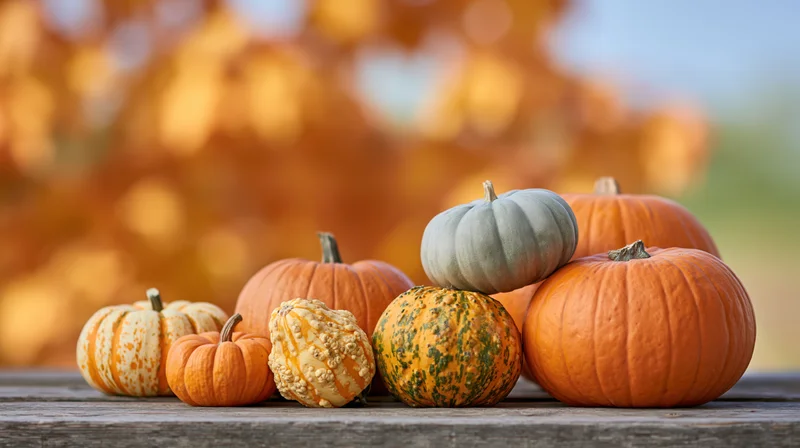 Assorted pumpkins and gourds arranged on a weathered wooden table outdoors