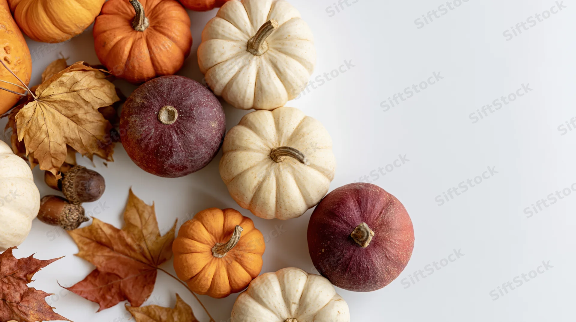 Assorted small pumpkins and gourds with dried autumn leaves arranged on white surface