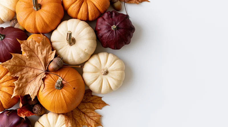 Assorted small pumpkins and gourds with dried maple leaves and acorns arranged on white surface