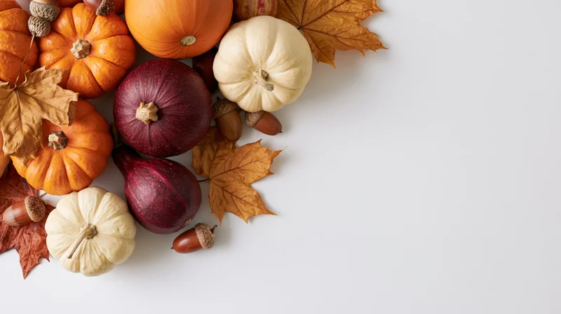 Assorted small pumpkins and gourds with dried autumn leaves and acorns arranged on white surface