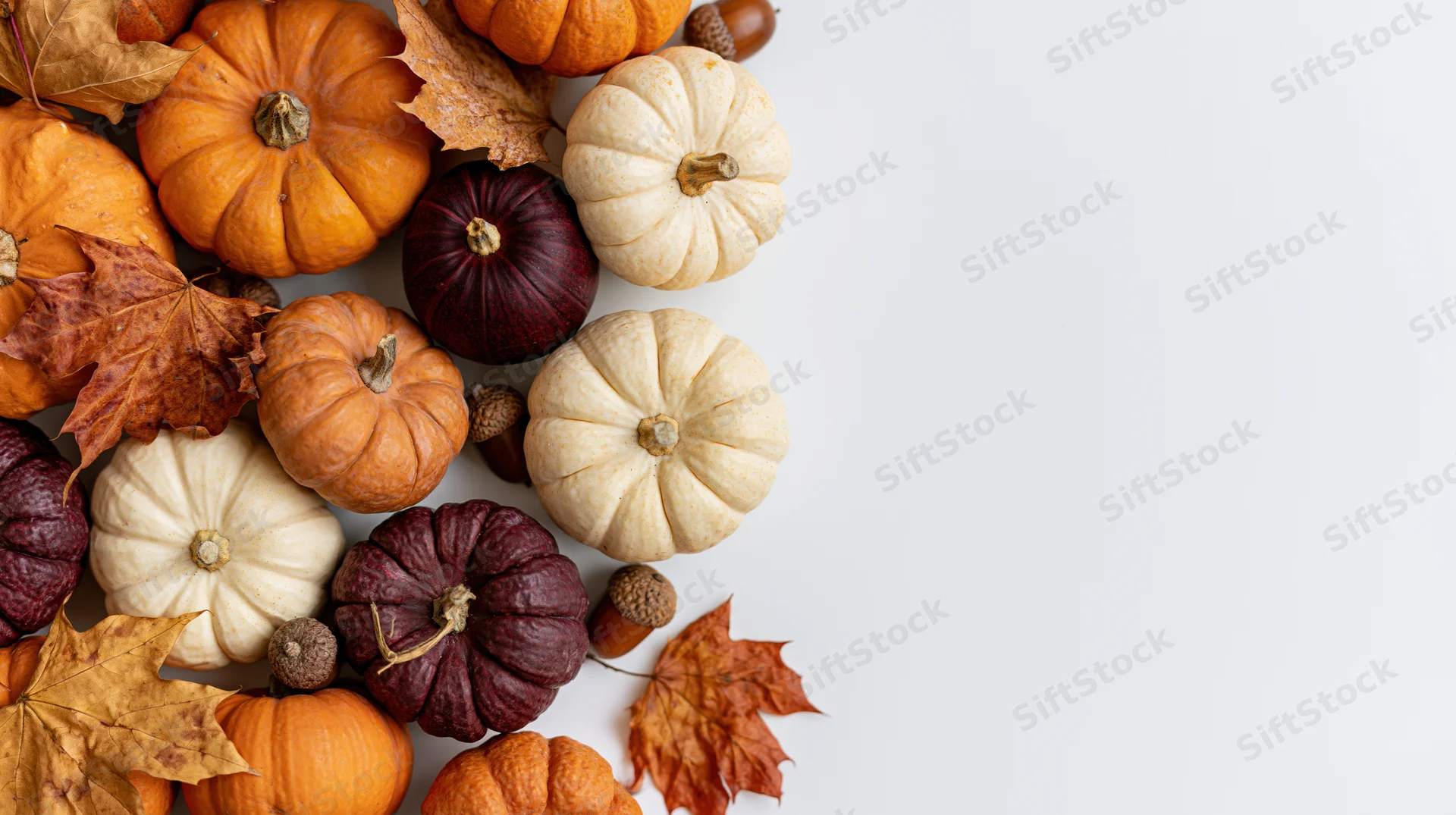 Assorted small pumpkins and gourds with dried autumn leaves and acorns arranged on white surface