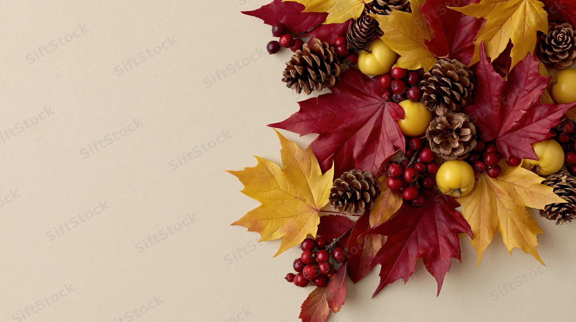 Autumn flat lay arrangement of red and yellow maple leaves with pinecones, berries, and apples on beige surface