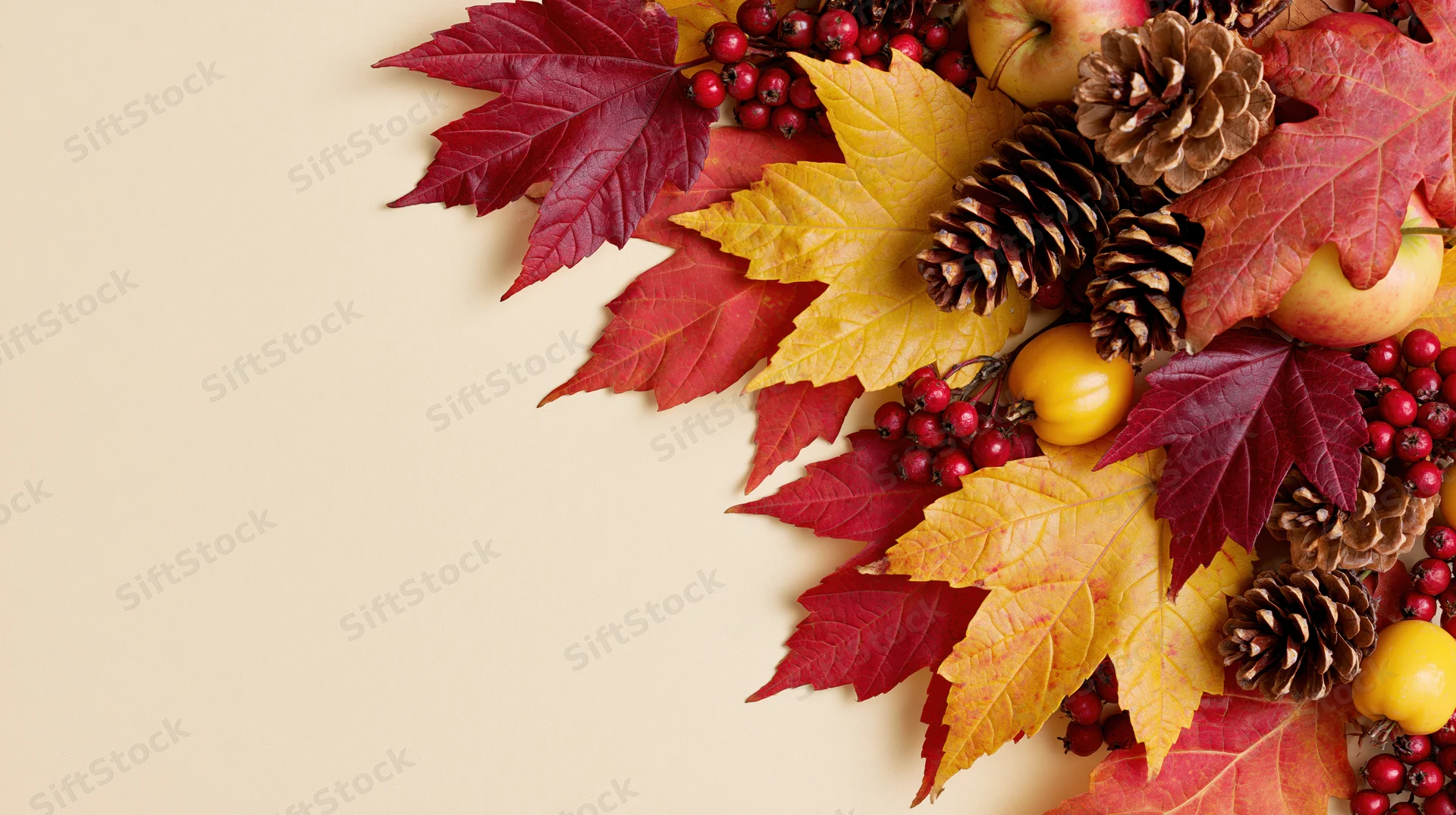 Autumn leaves and pinecones arranged in a flat lay on a beige surface with copyspace