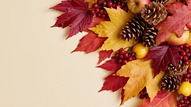 Autumn leaves and pinecones arranged in a flat lay on a beige surface with copyspace