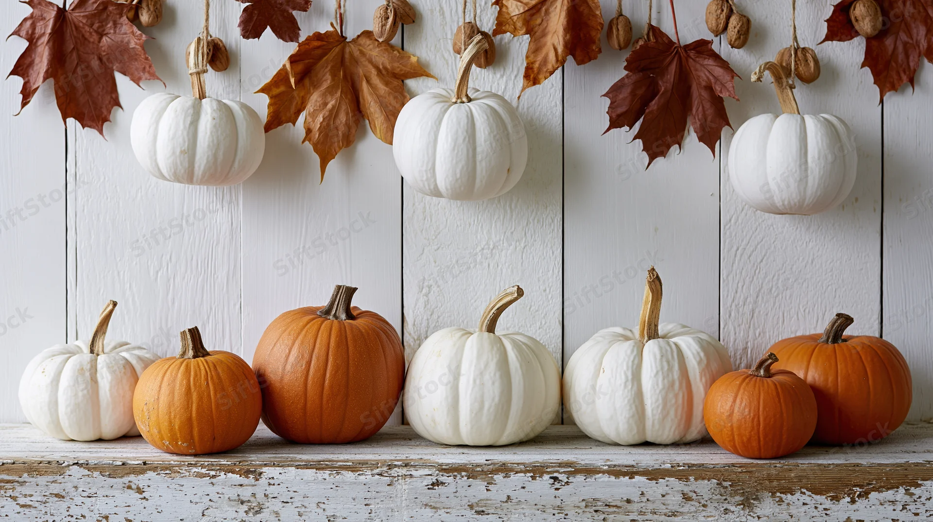White and orange pumpkins arranged on a rustic wooden shelf with hanging autumn leaves and acorns against a white plank wall