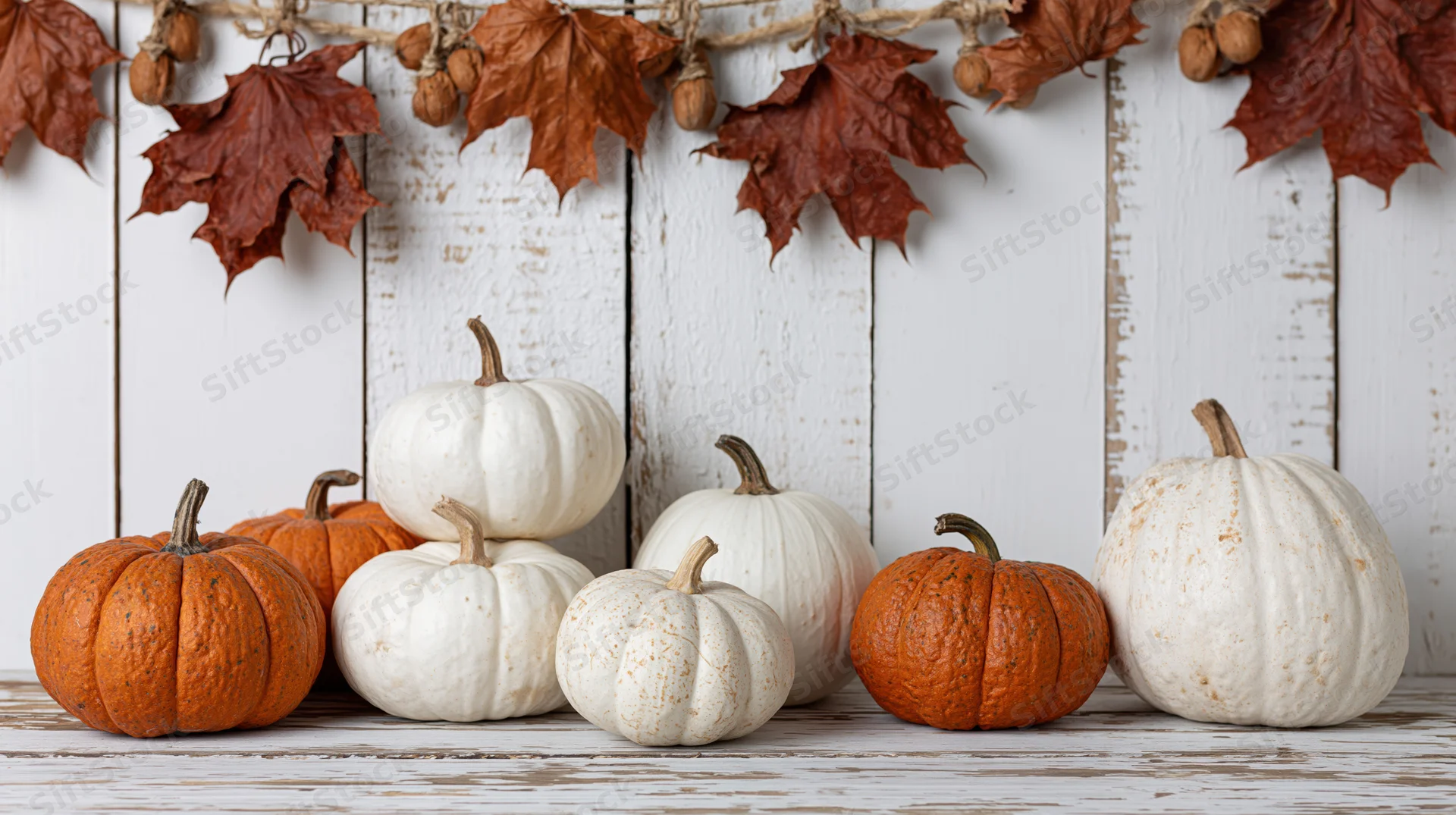 White and orange pumpkins arranged on a weathered wooden table beneath a garland of autumn leaves and acorns