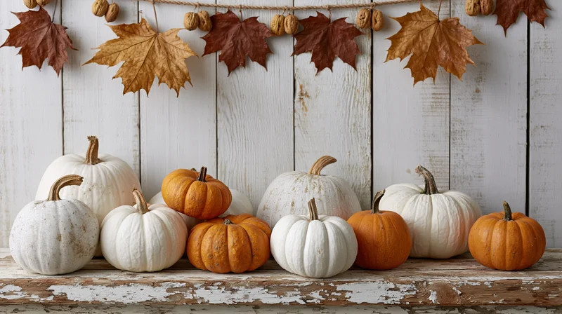 White and orange pumpkins arranged on a weathered wooden shelf beneath a garland of autumn leaves and walnuts