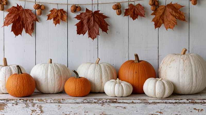 White and orange pumpkins arranged on a weathered wooden table beneath a garland of maple leaves and acorns