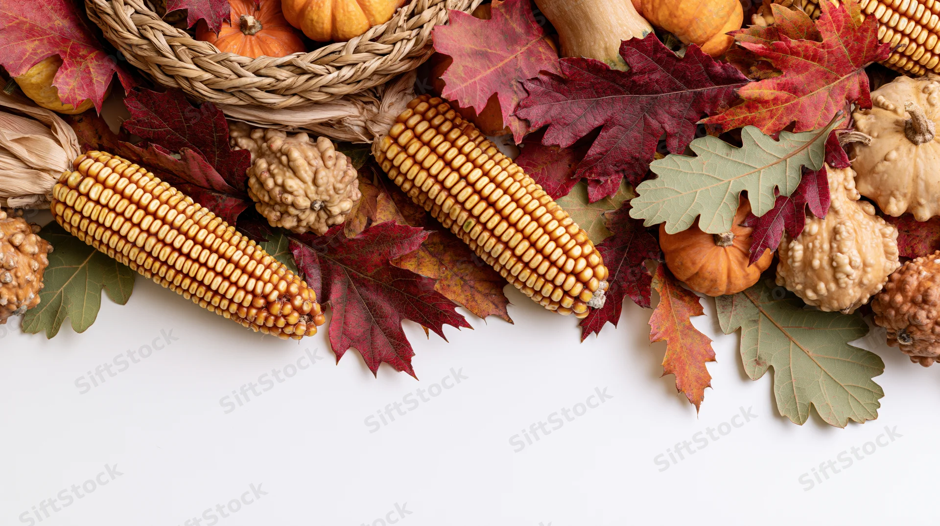 Autumn harvest flat lay border with corn, pumpkins, leaves and acorns arranged along the bottom edge on white background