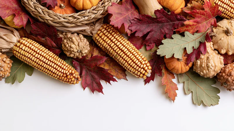 Autumn harvest flat lay border with corn, pumpkins, leaves and acorns arranged along the bottom edge on white background