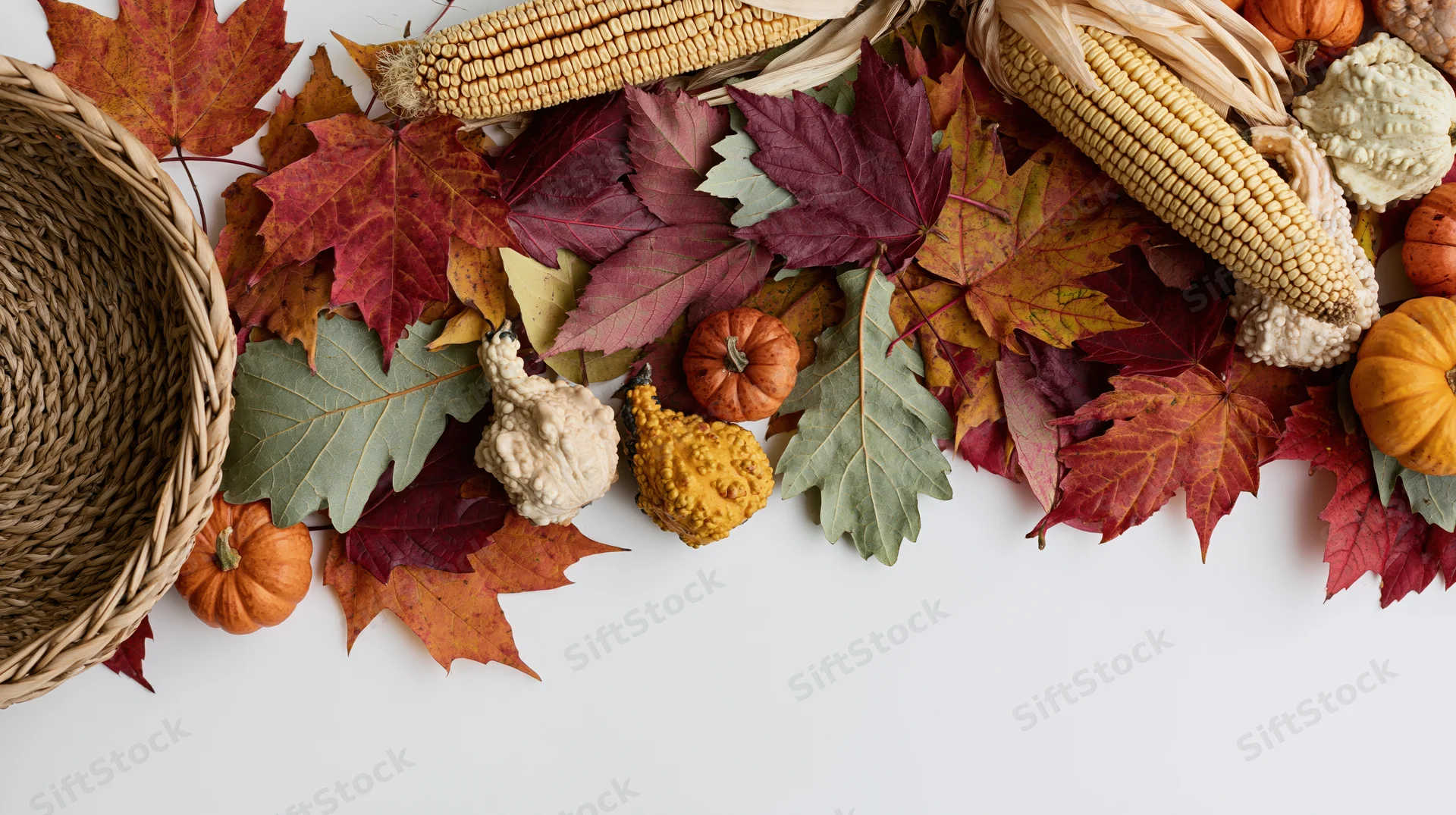 Autumn harvest flat lay border with corn, leaves, pumpkins and gourds arranged along bottom edge on white surface