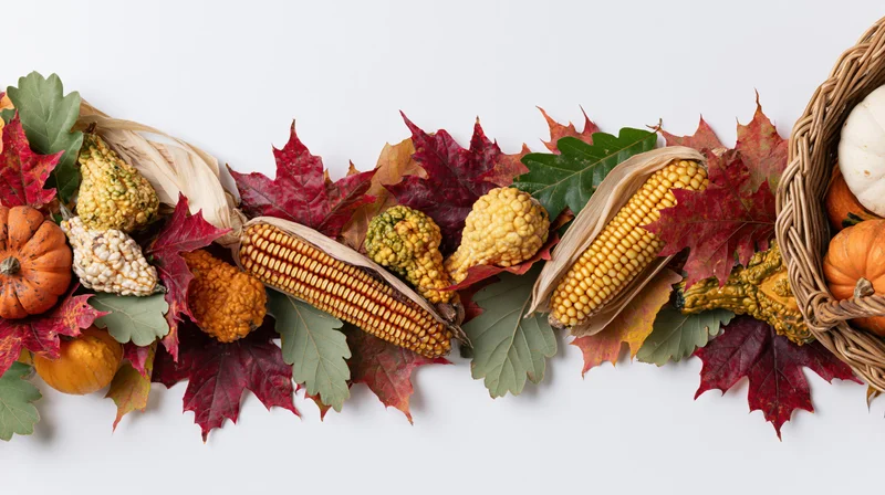 Autumn harvest flat lay border with corn, pumpkins, gourds and fall leaves arranged along the bottom edge on white background