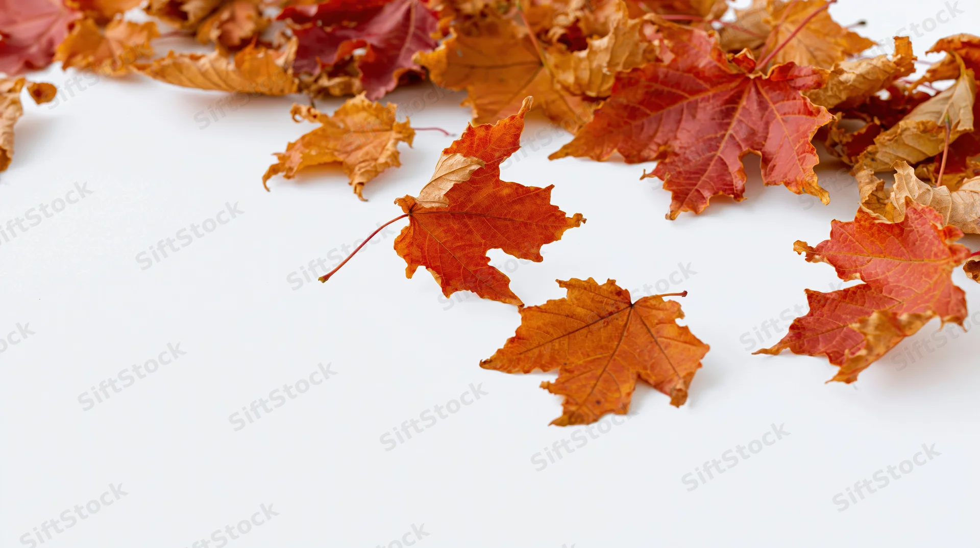 Dried maple leaves scattered across white surface with copyspace