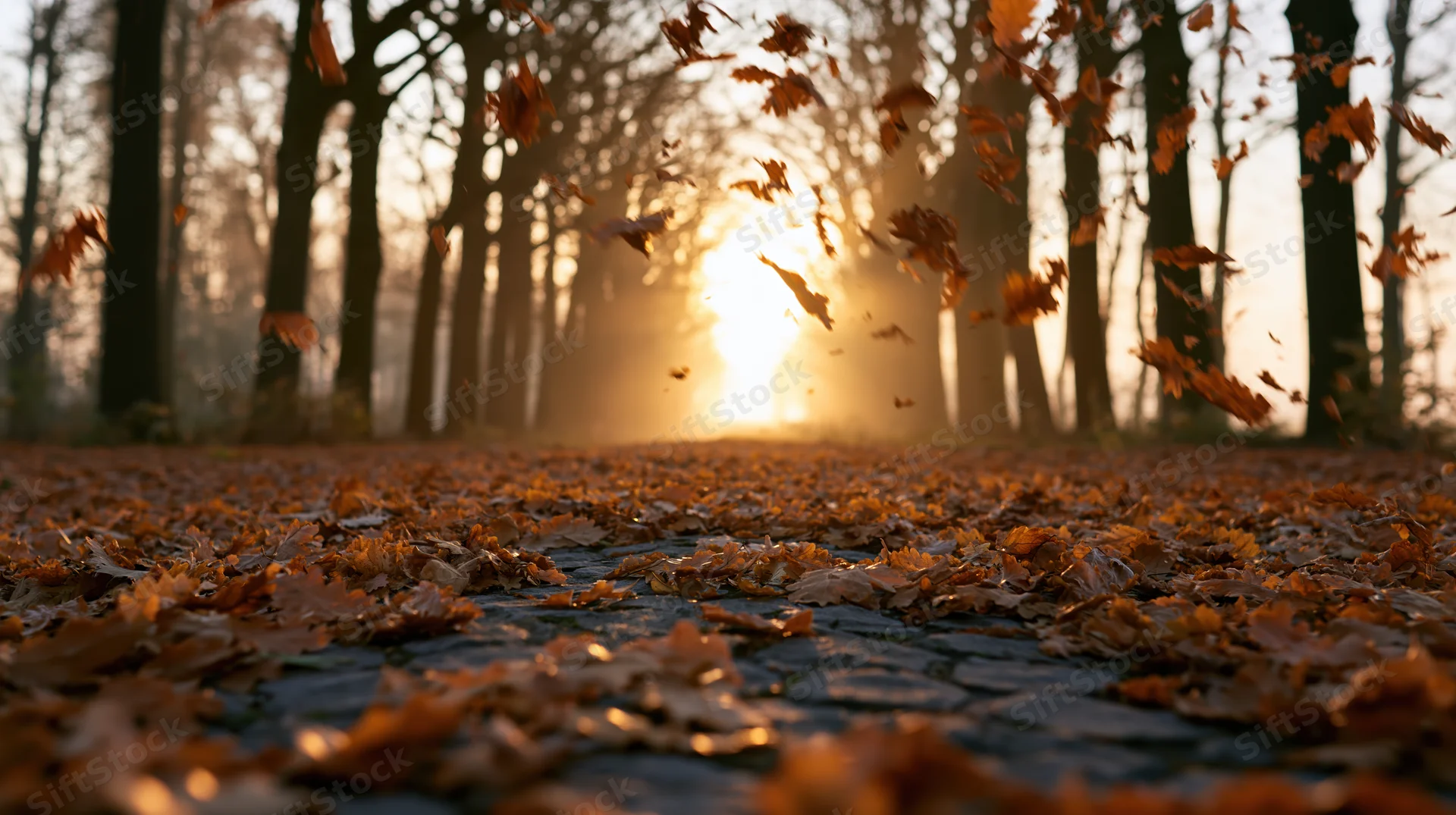 Autumn leaves swirling and falling along a tree-lined cobblestone path at sunset
