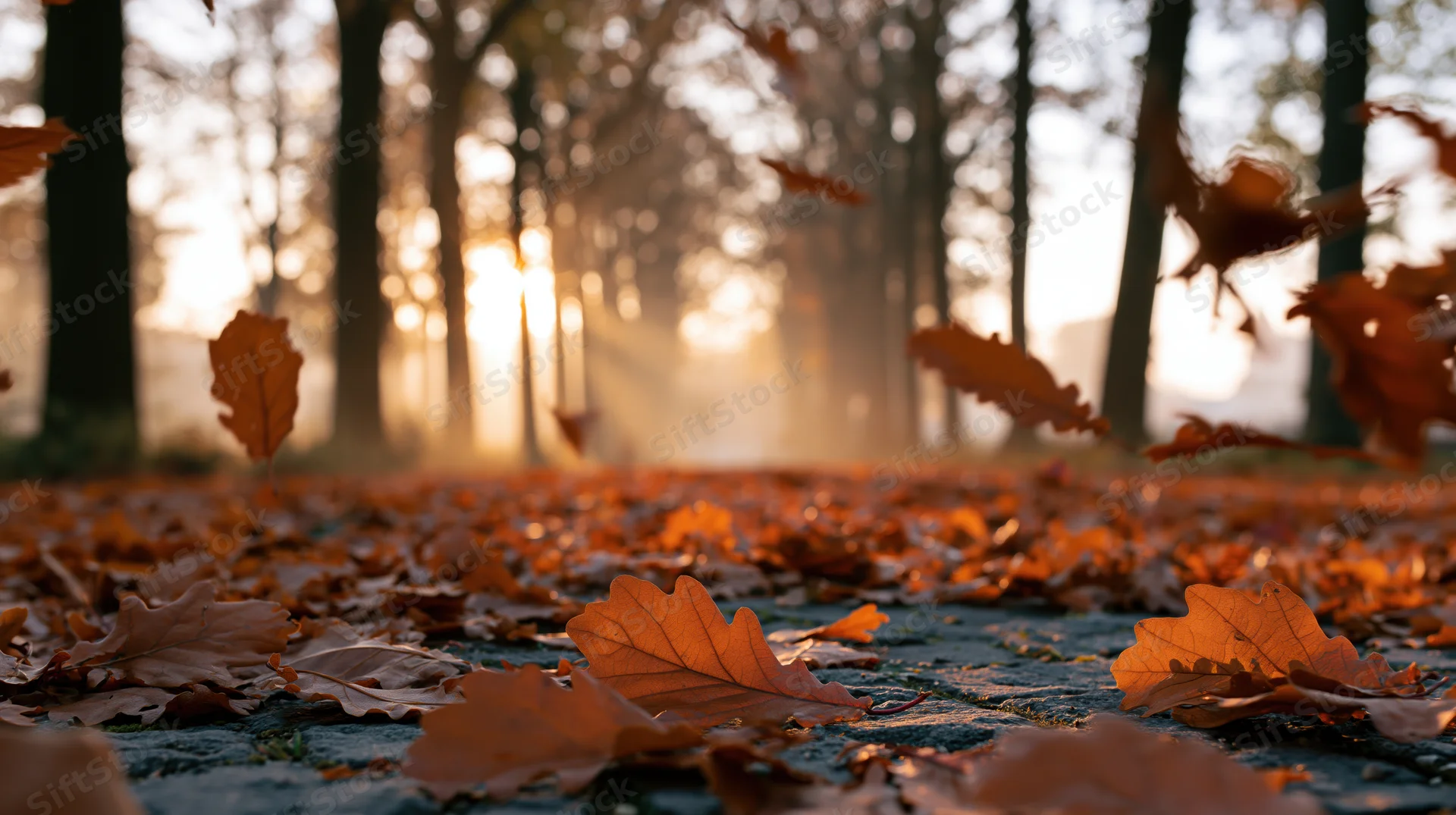 Autumn leaves falling on a cobblestone path in a forest at sunrise