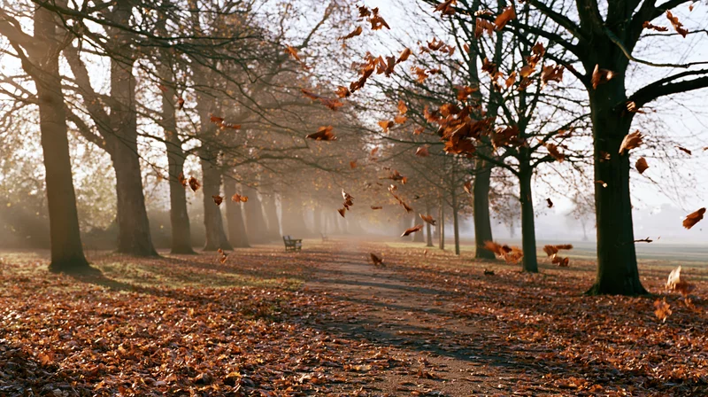 Autumn leaves swirling mid-air above a leaf-carpeted park path