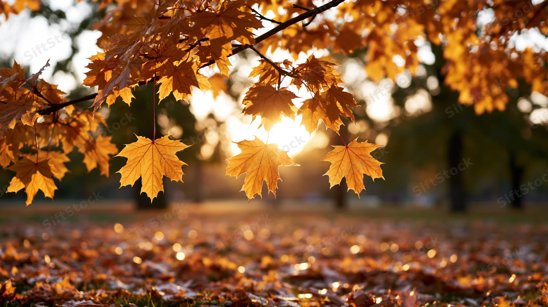 Maple leaves hanging over a carpet of fallen foliage in a sunlit park during autumn