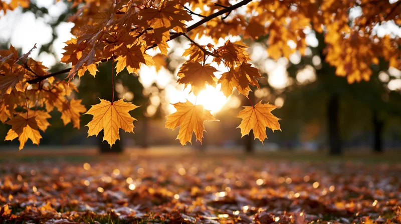 Maple leaves hanging over a carpet of fallen foliage in a sunlit park during autumn