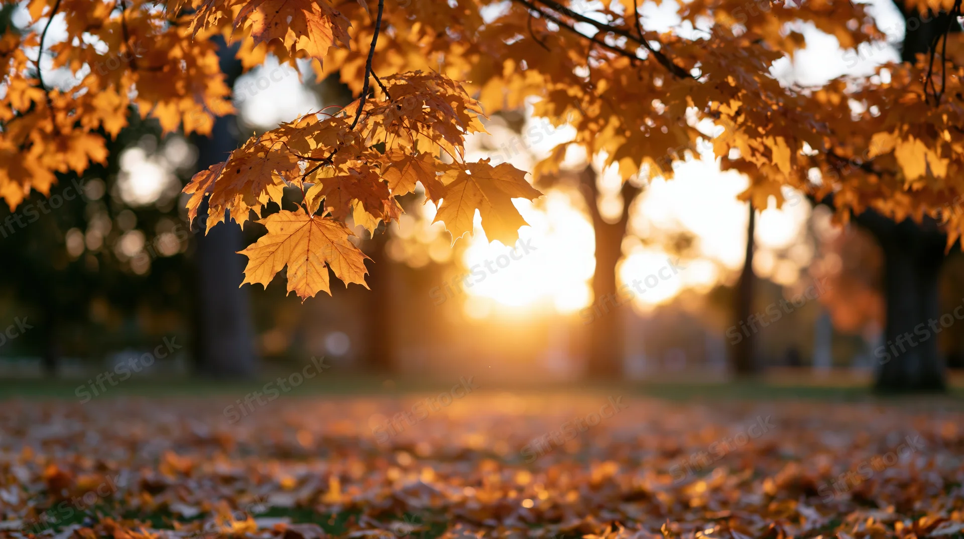 Golden maple leaves hanging over a carpet of fallen foliage in a park at sunset