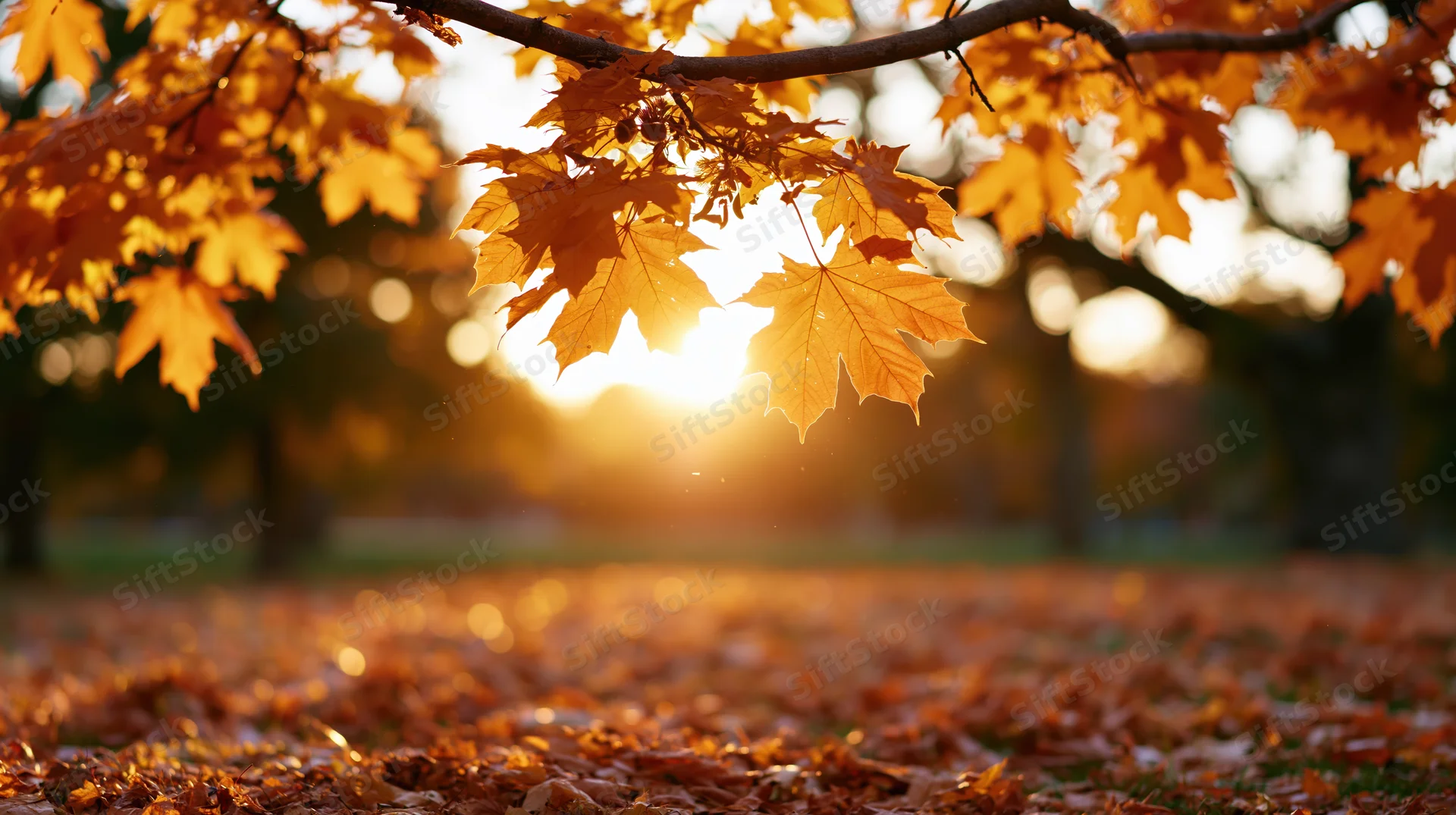 Maple leaves hanging over a carpet of fallen foliage in a park at sunset