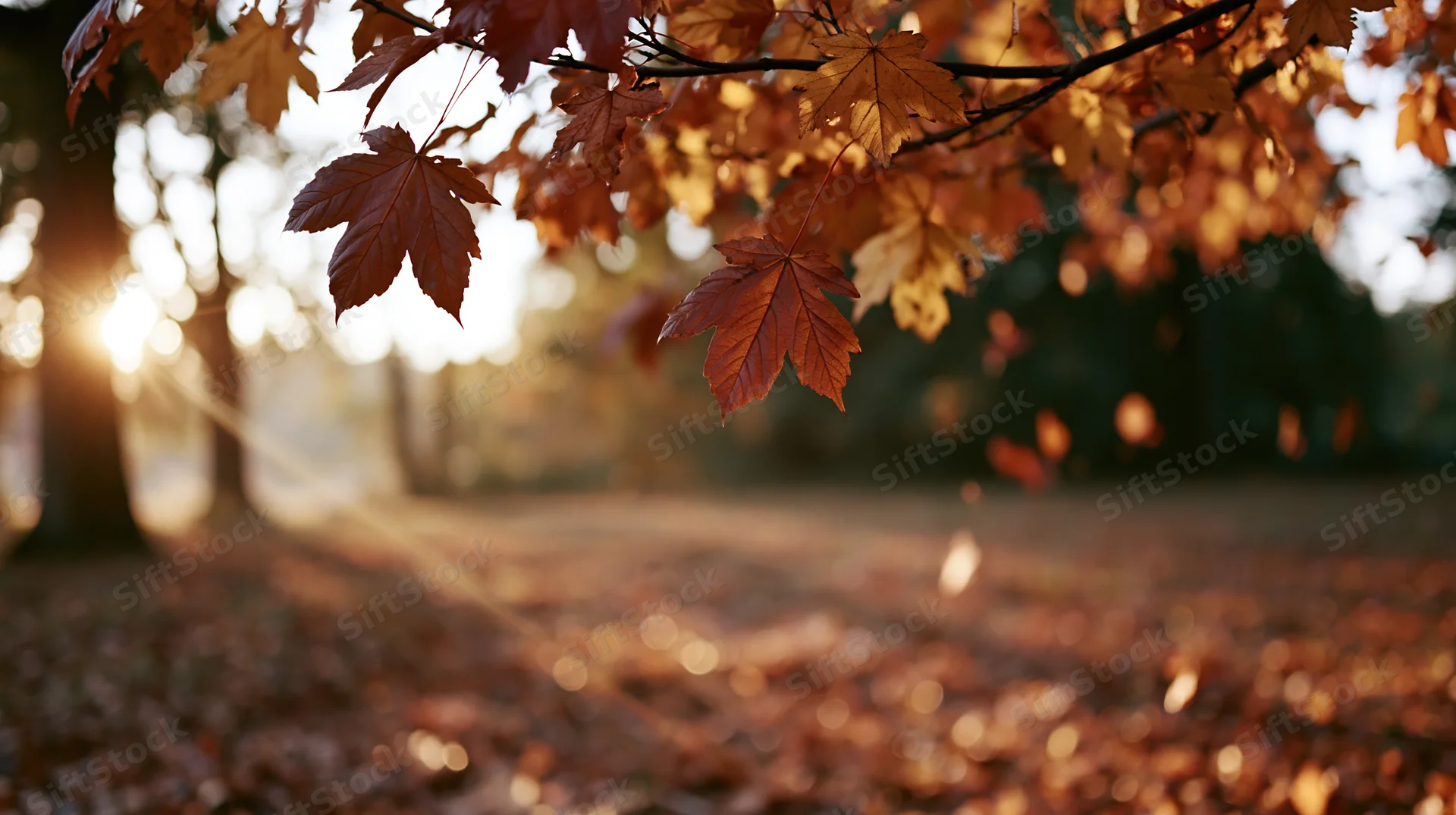 Maple branches with autumn leaves hanging over a sunlit forest path covered in fallen foliage