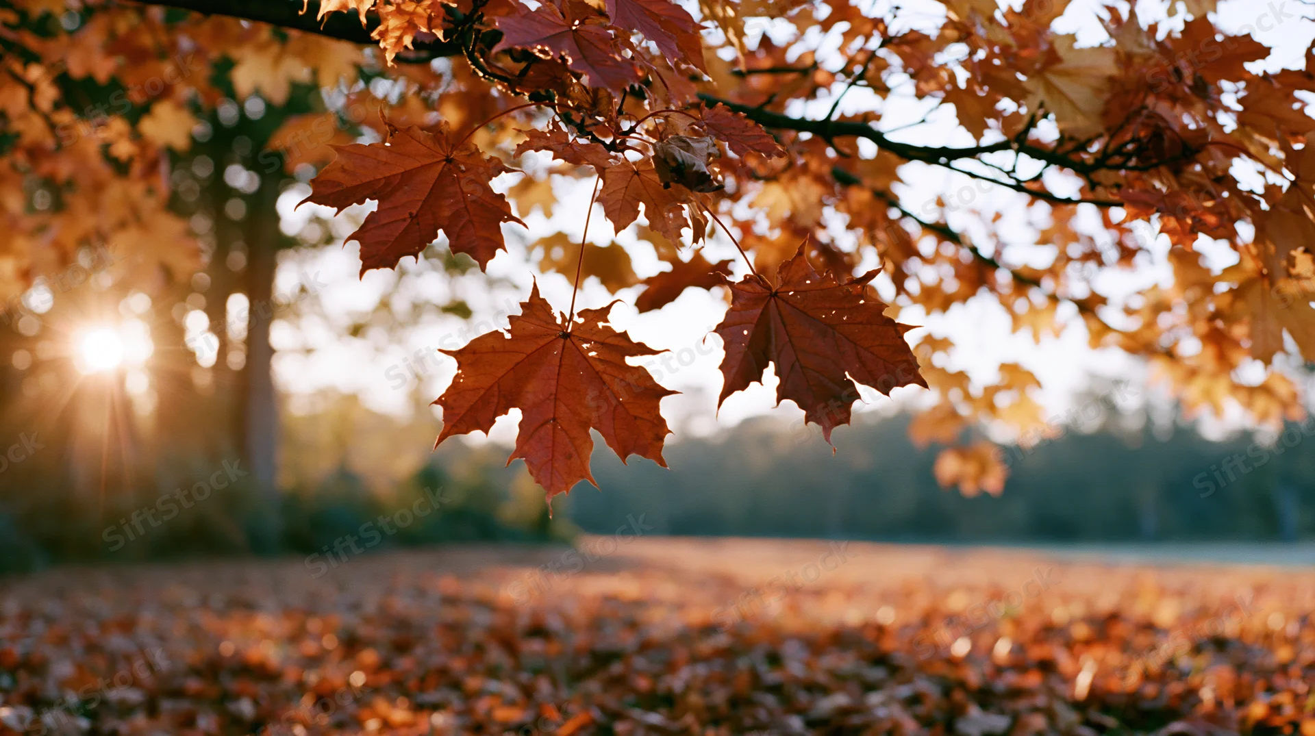 Maple leaves hanging from branches over a carpet of fallen foliage in a sunlit autumn forest