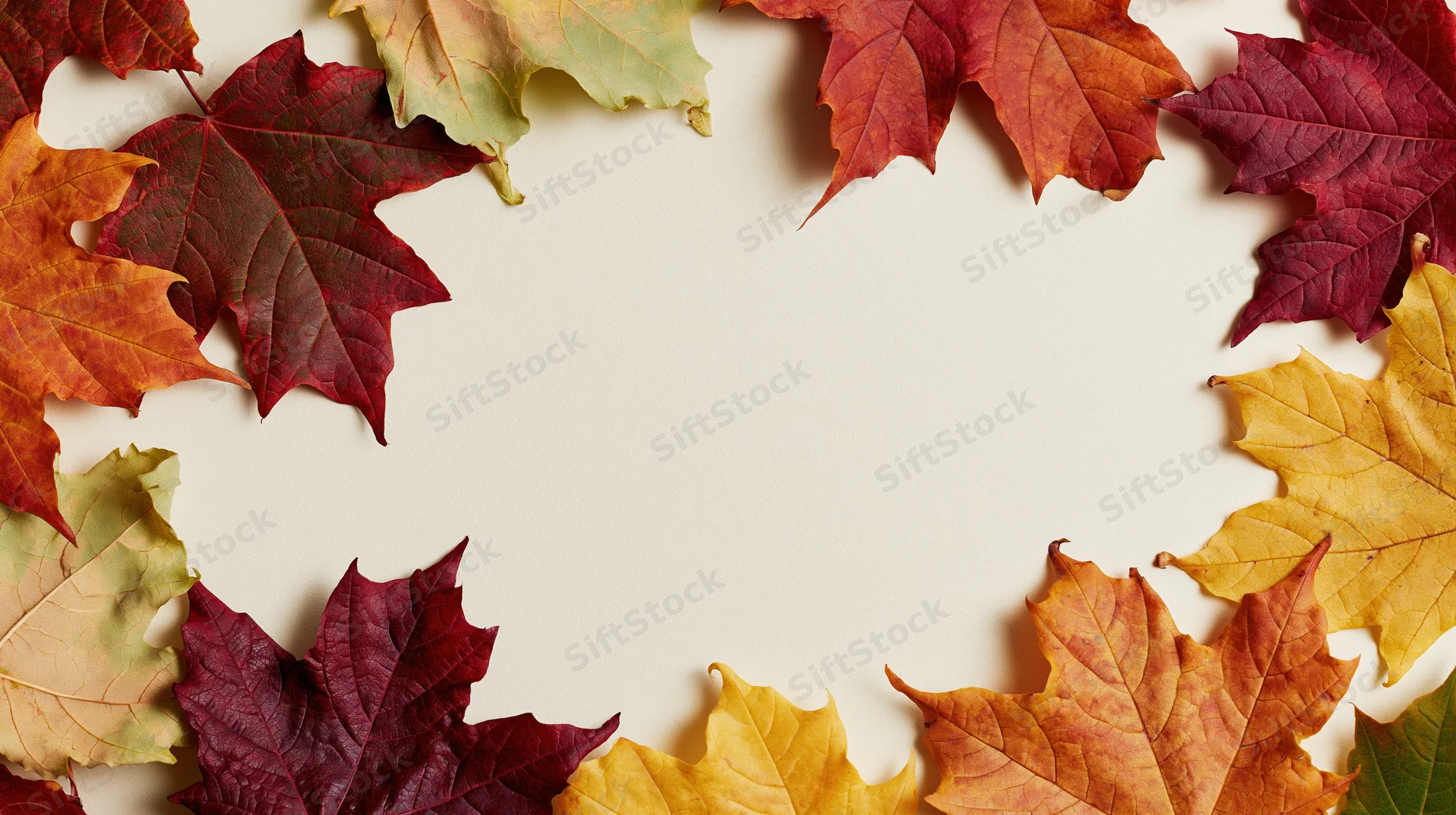 Autumn maple leaves arranged in a loose border frame around a blank center on a light surface