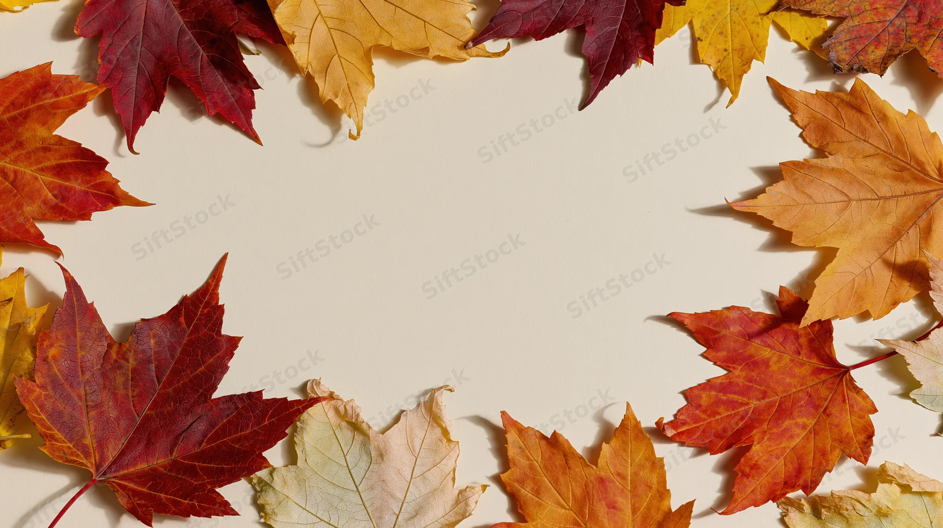 Autumn maple leaves arranged in a loose border frame around a cream background with copyspace
