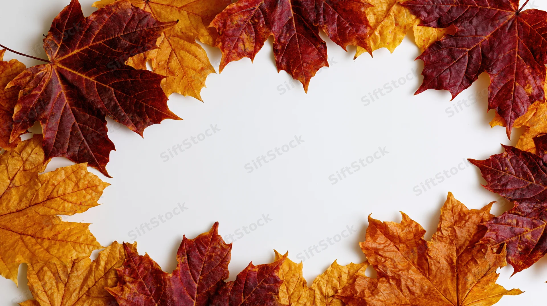 Dried maple leaves arranged in a natural arc border framing a white surface
