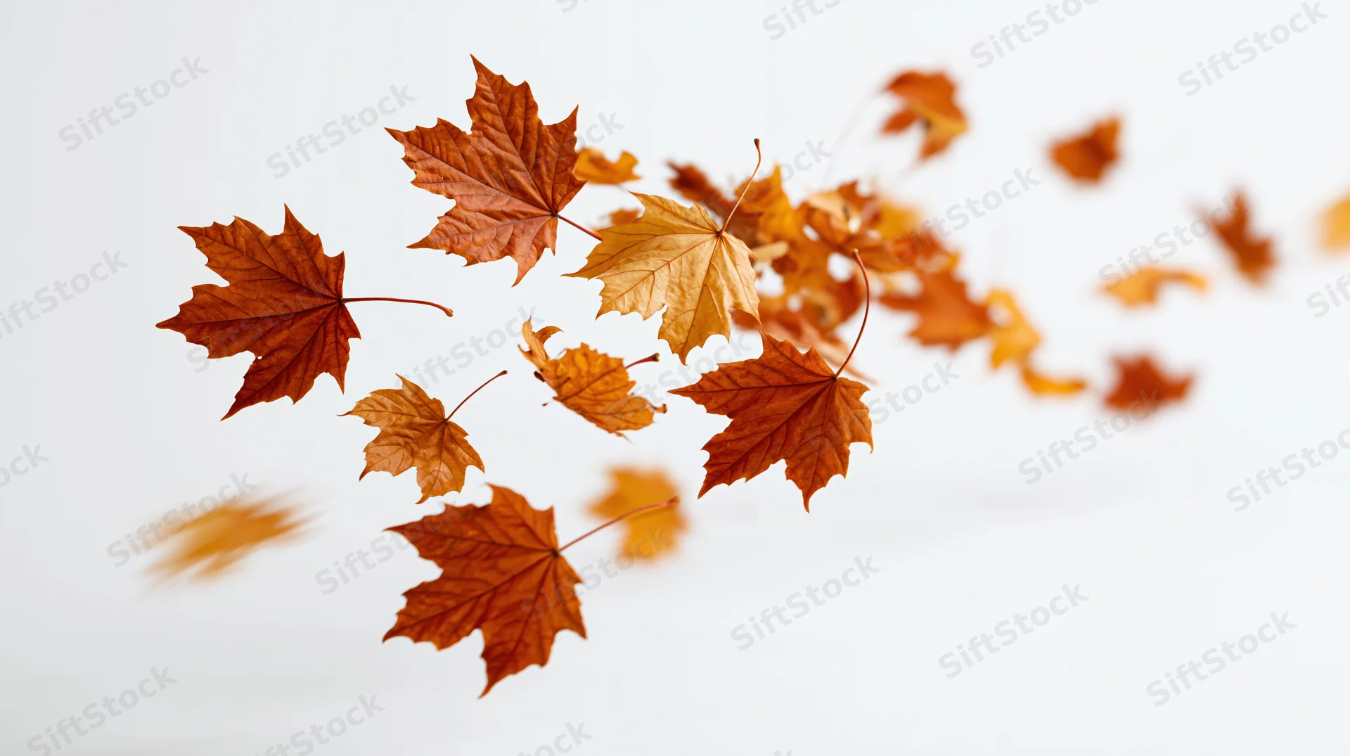 Maple leaves falling in mid-air against a white background