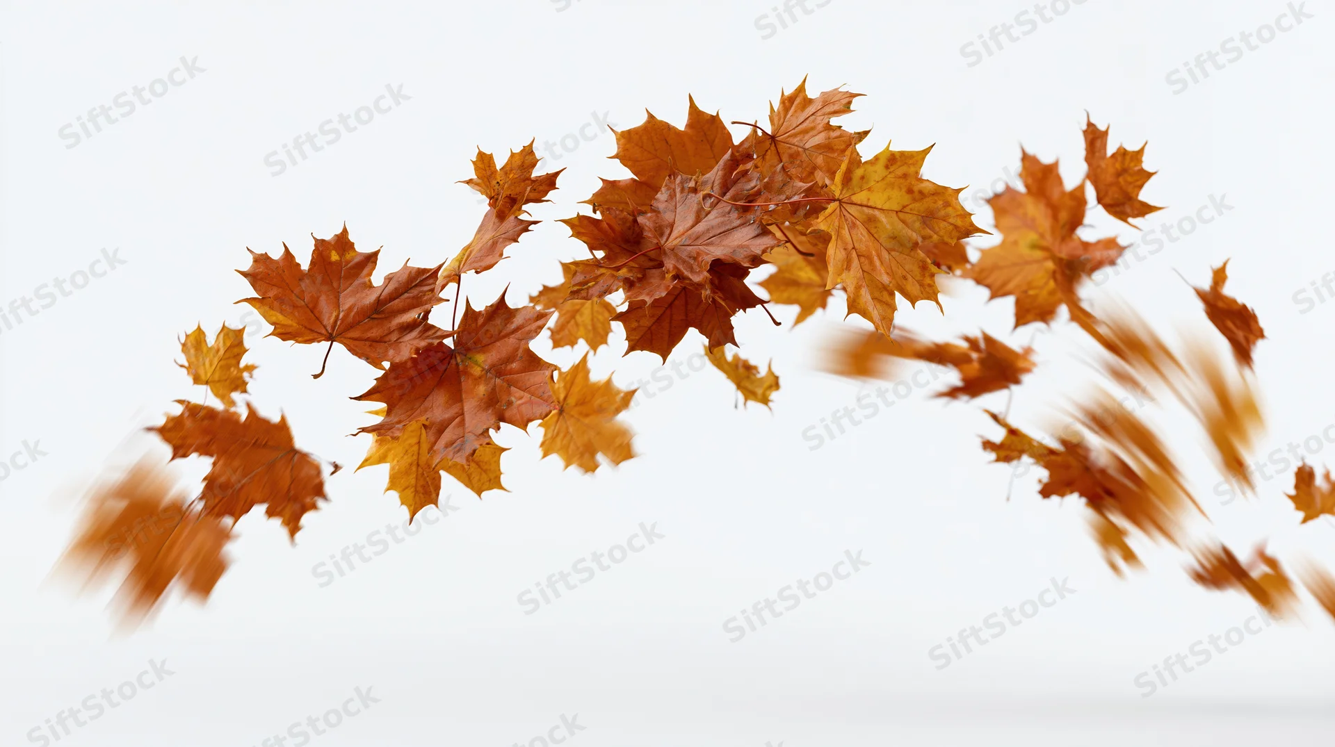 Maple leaves falling in a sweeping arc against a white background