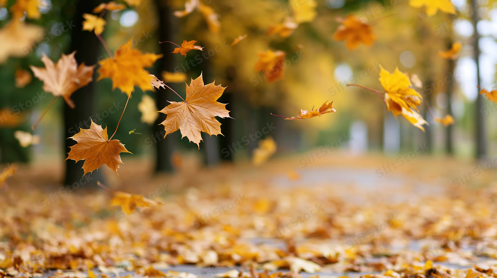 Maple leaves falling mid-air over a park path covered in fallen foliage