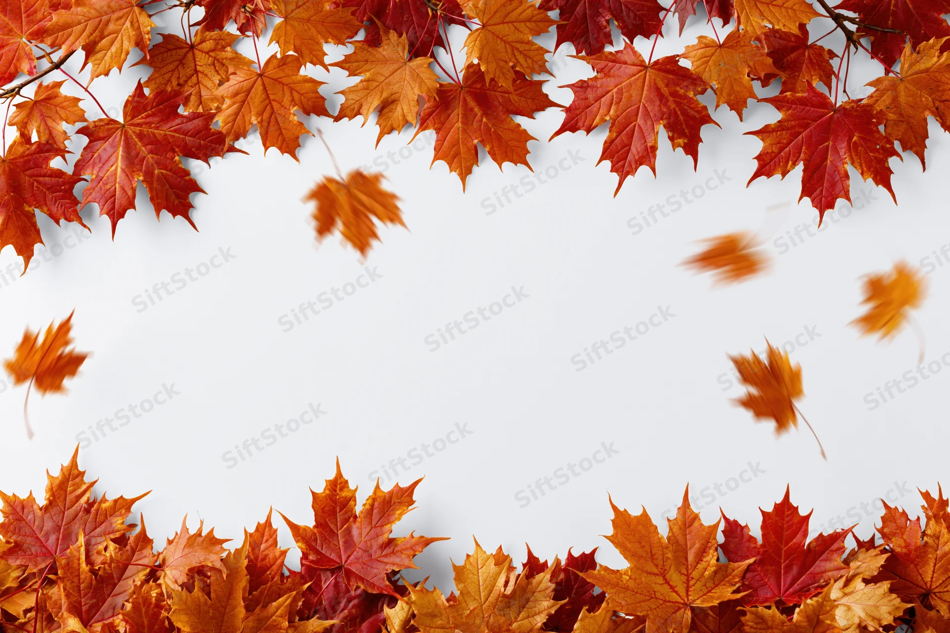 Autumn maple leaves arranged in a frame with falling leaves and copyspace in the center