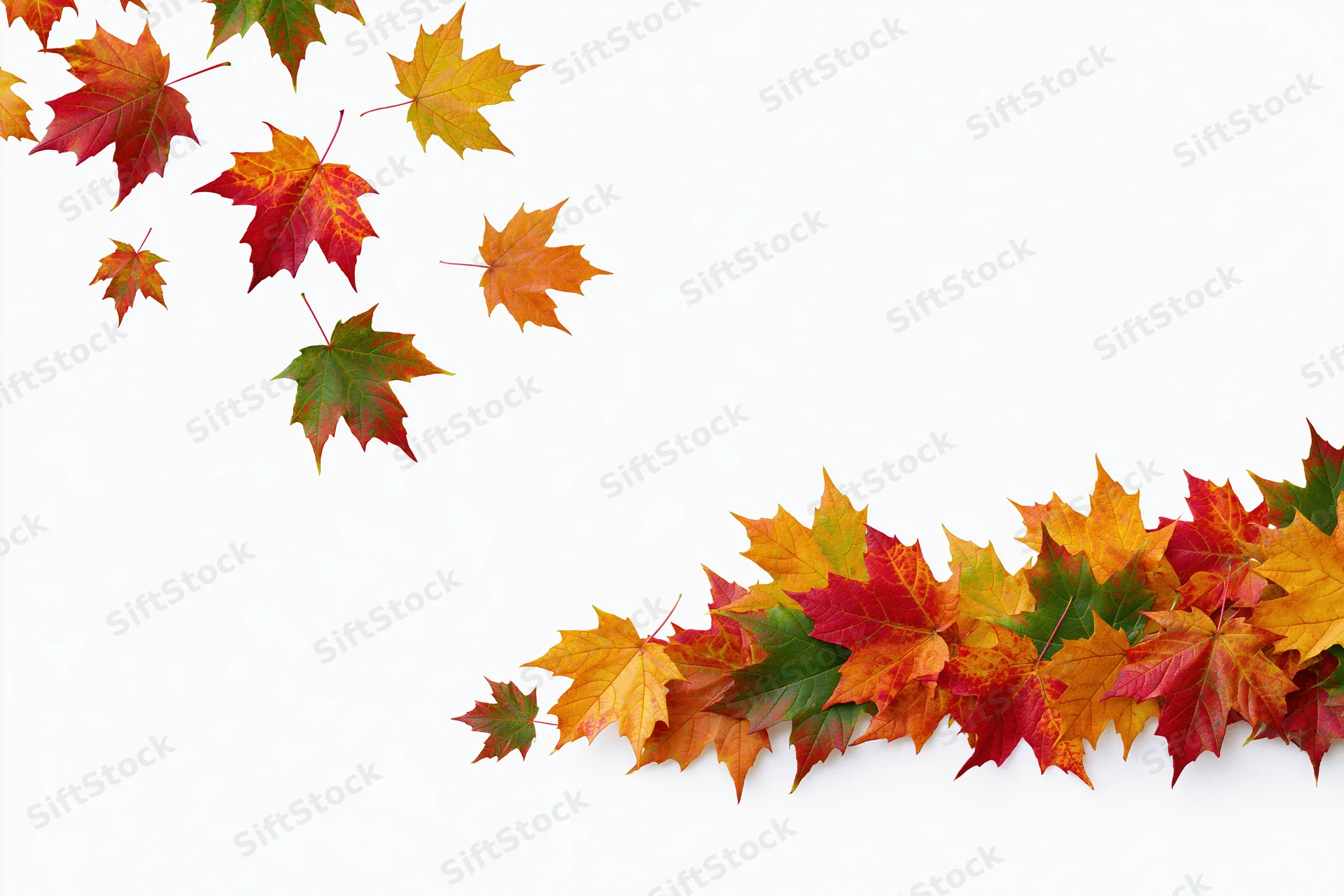 Autumn maple leaves scattered and falling against a white background with copyspace