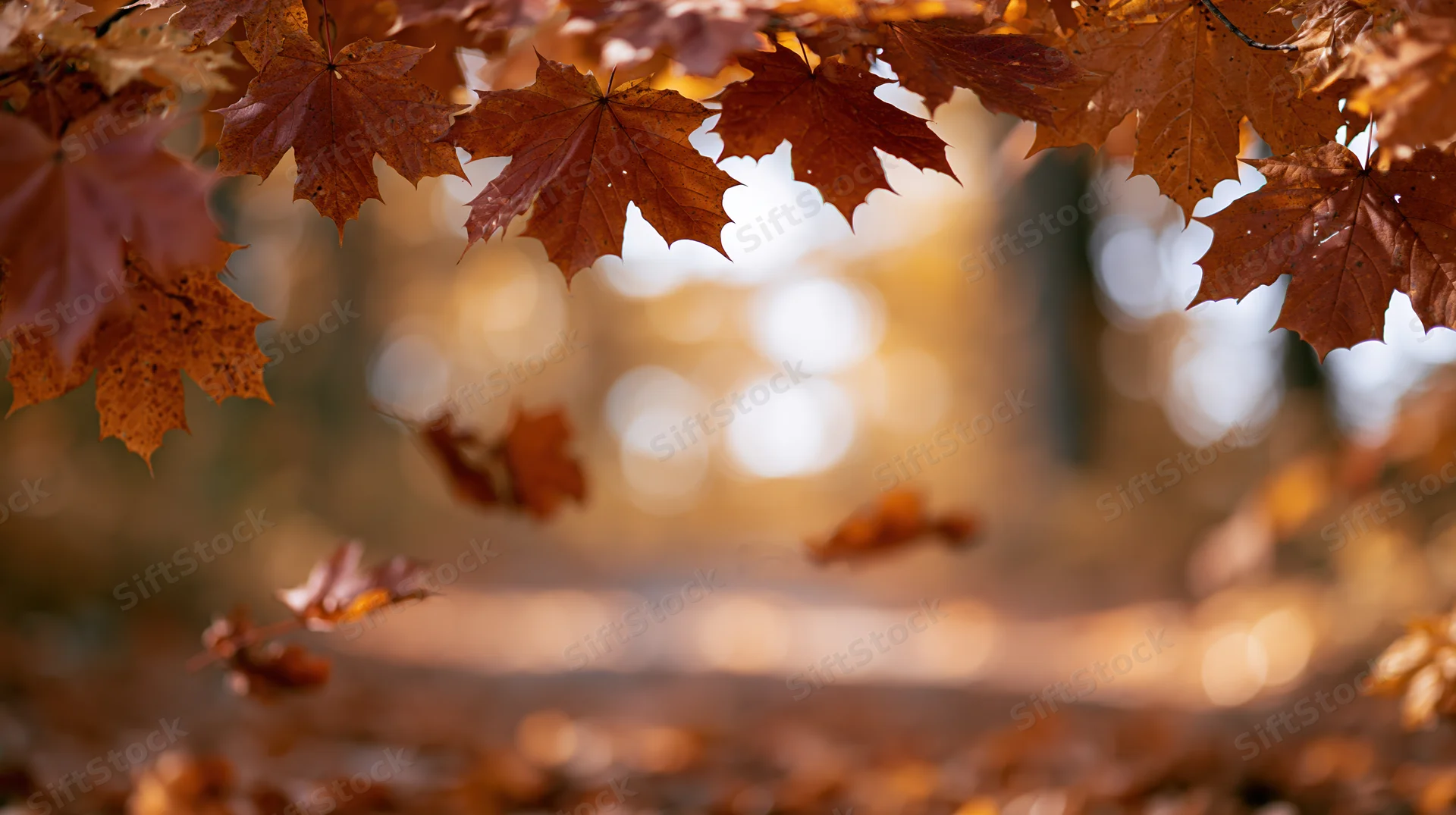 Autumn maple leaves framing the shot with some falling in a forest setting