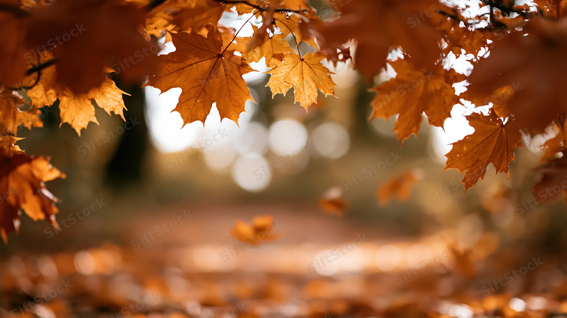 Maple leaves framing a park path in autumn with falling foliage and bokeh background