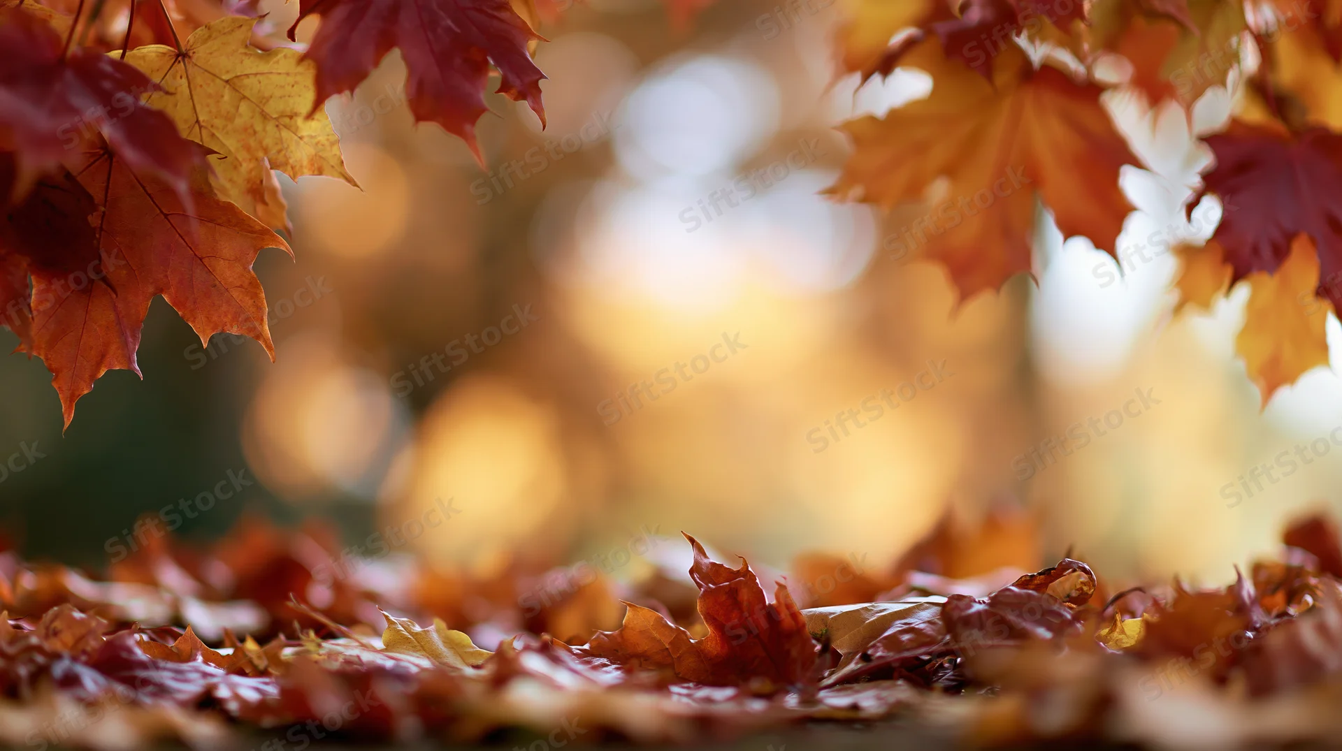 Autumn maple leaves framing the edge with fallen foliage on the ground