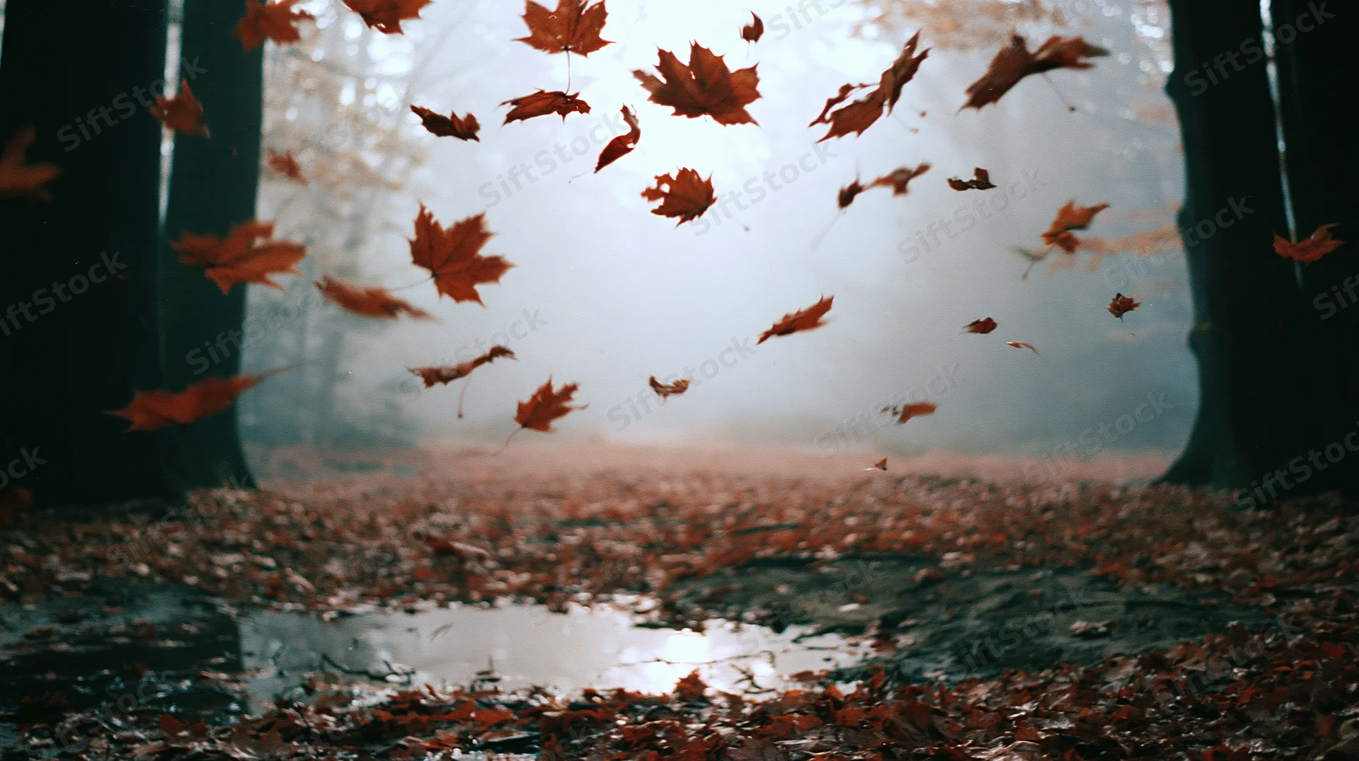 Maple leaves swirling mid-air in a misty forest clearing with puddles on the damp ground