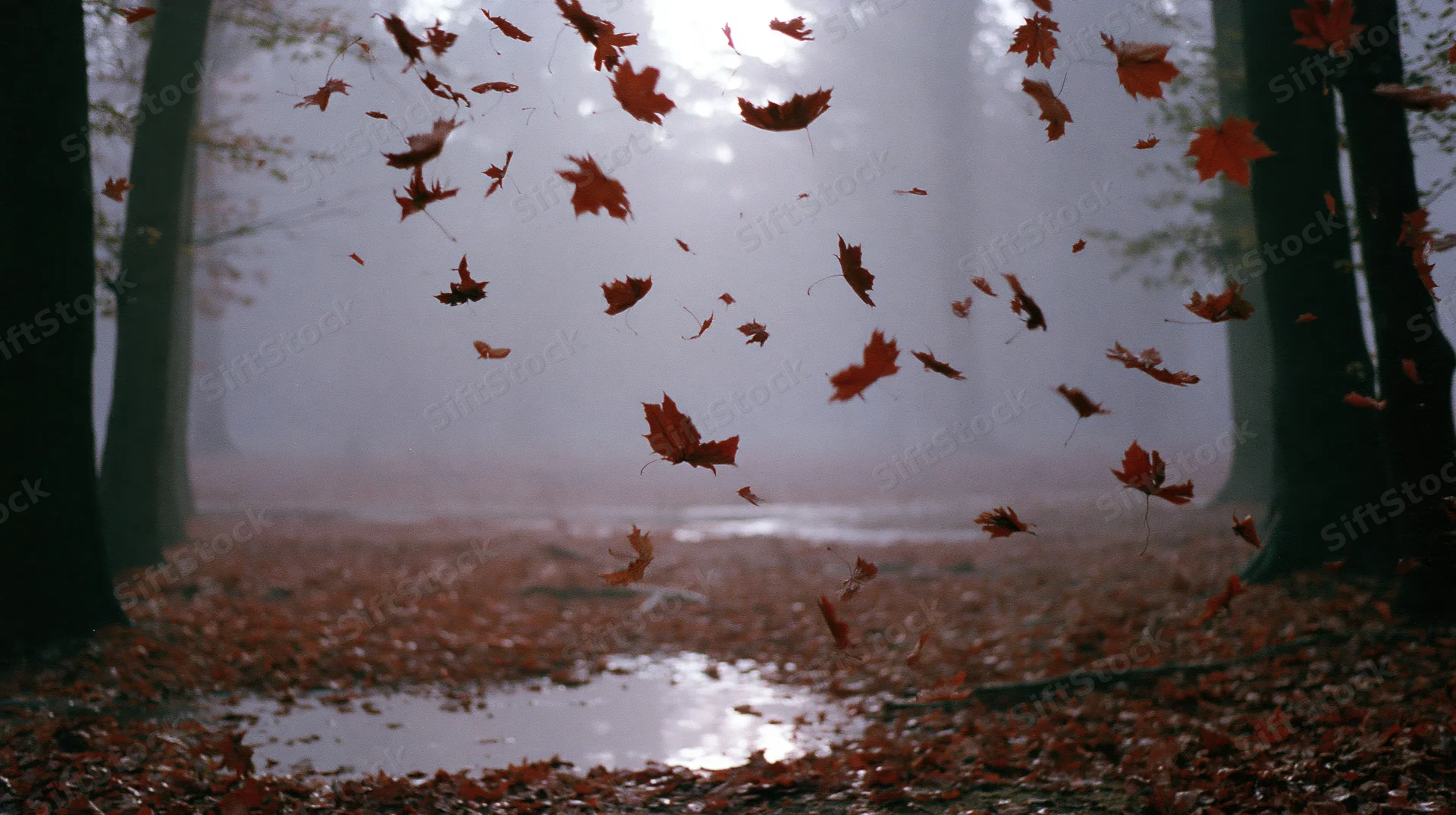 Maple leaves swirling in misty forest clearing with puddle on ground