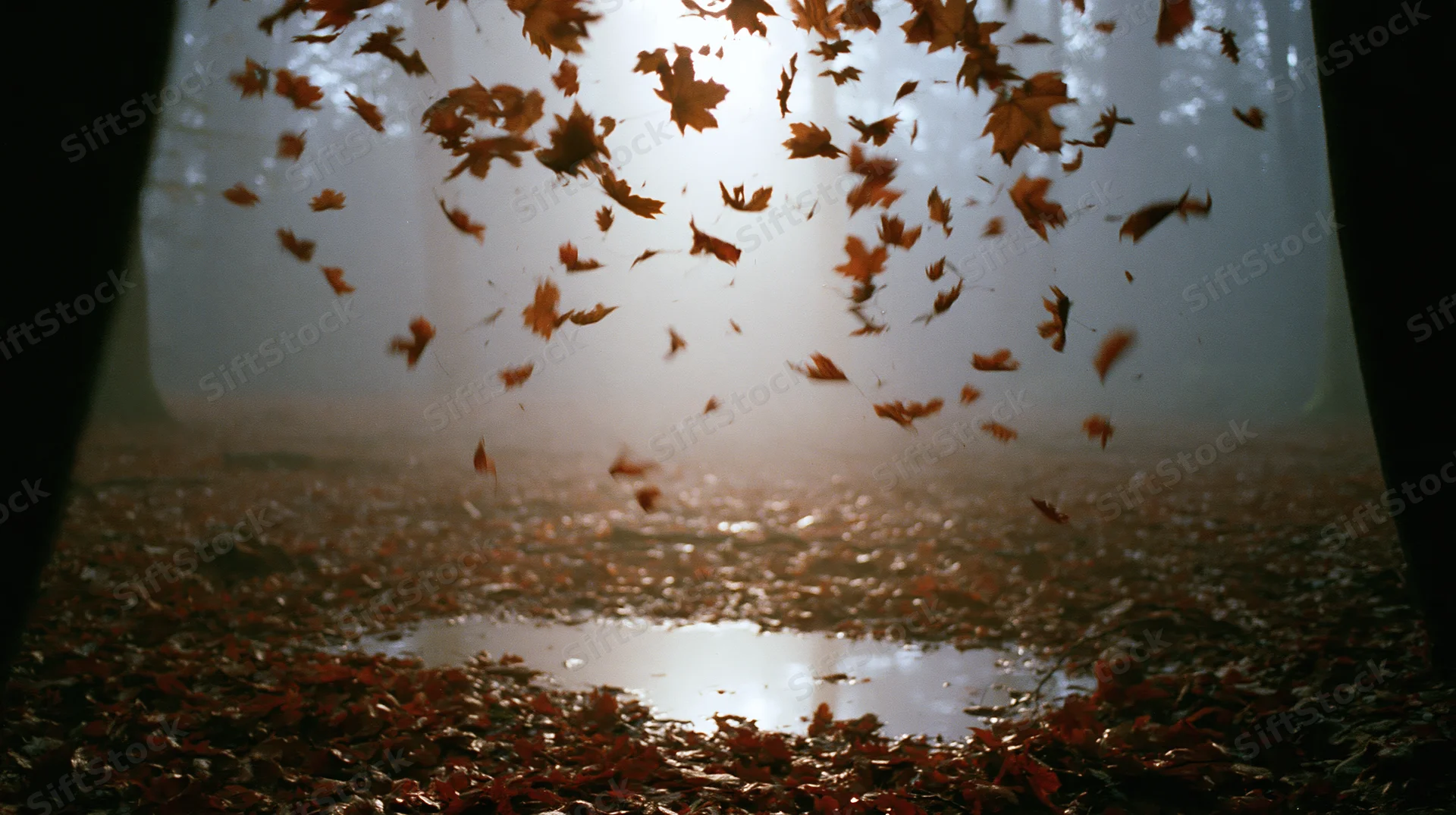 Swirling maple leaves falling in a misty forest clearing with sunlight filtering through trees