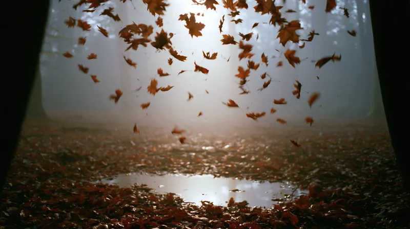 Swirling maple leaves falling in a misty forest clearing with sunlight filtering through trees