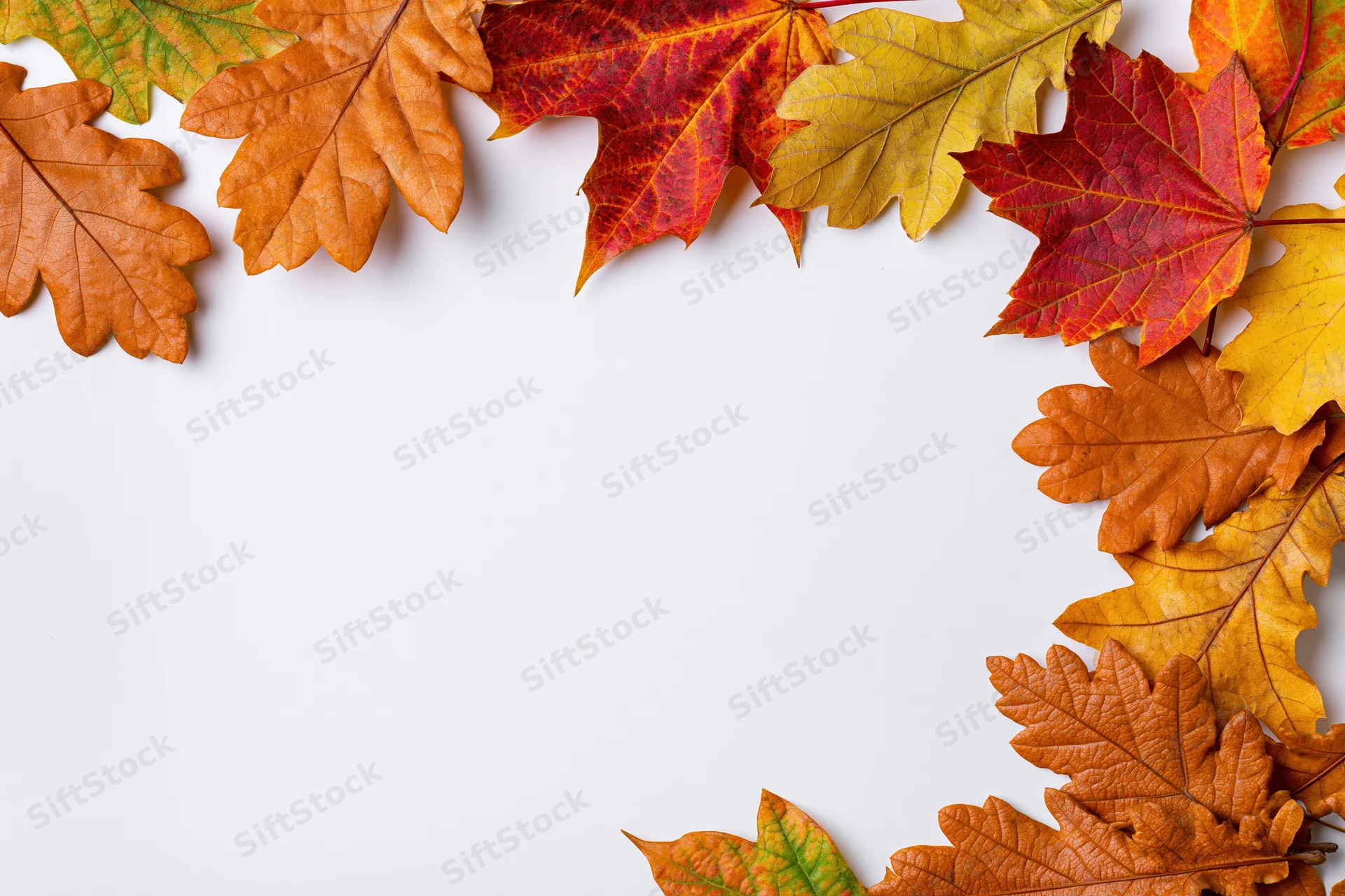 Autumn maple and oak leaves arranged in L-shaped border on white background with copyspace