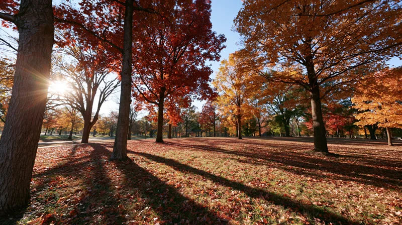 Autumn trees with red and orange foliage casting long shadows in a park on a sunny day