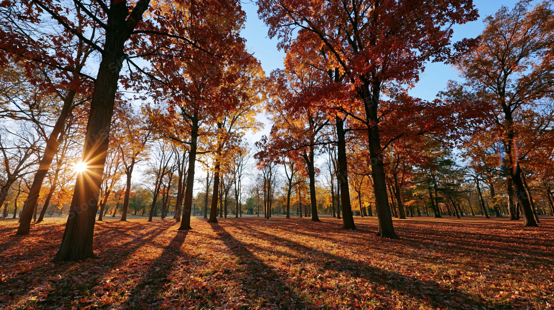 Tall trees with red and orange autumn foliage in a park, sunlight streaming through branches, casting long shadows on leaf-covered ground