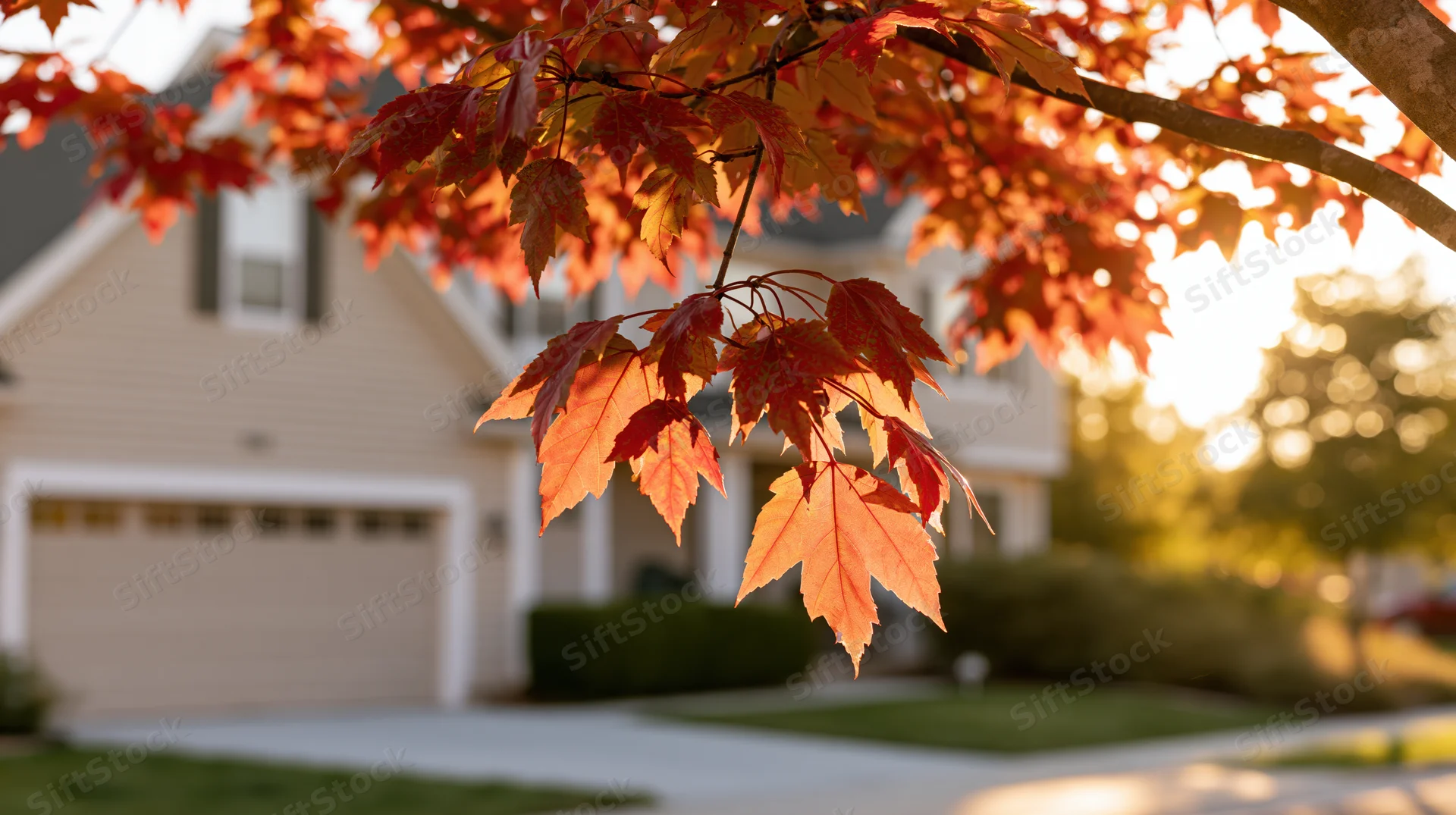 Maple leaves in autumn colors backlit by sunlight in front of a suburban house